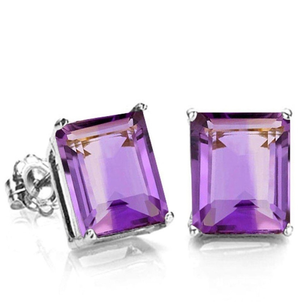 8x6MM Emerald Cut Amethyst 3.3CTW Stud Earrings in Sterling‎ Silver